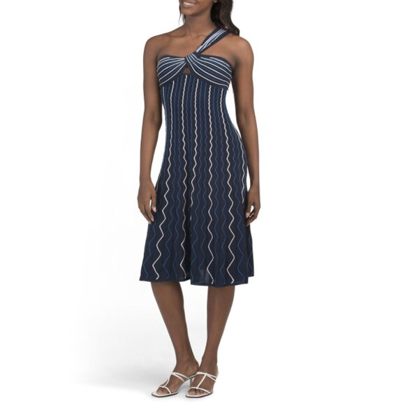 MILLY Navy Multi Emerson One Shoulder Zig Zag Knit Dress